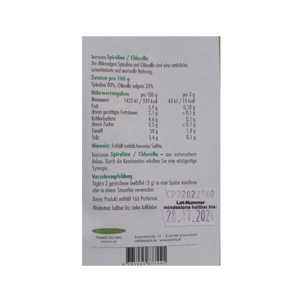 SONDERAKTION Spirulina & Chlorella 500 Gramm Pulver / MHD 11/2024